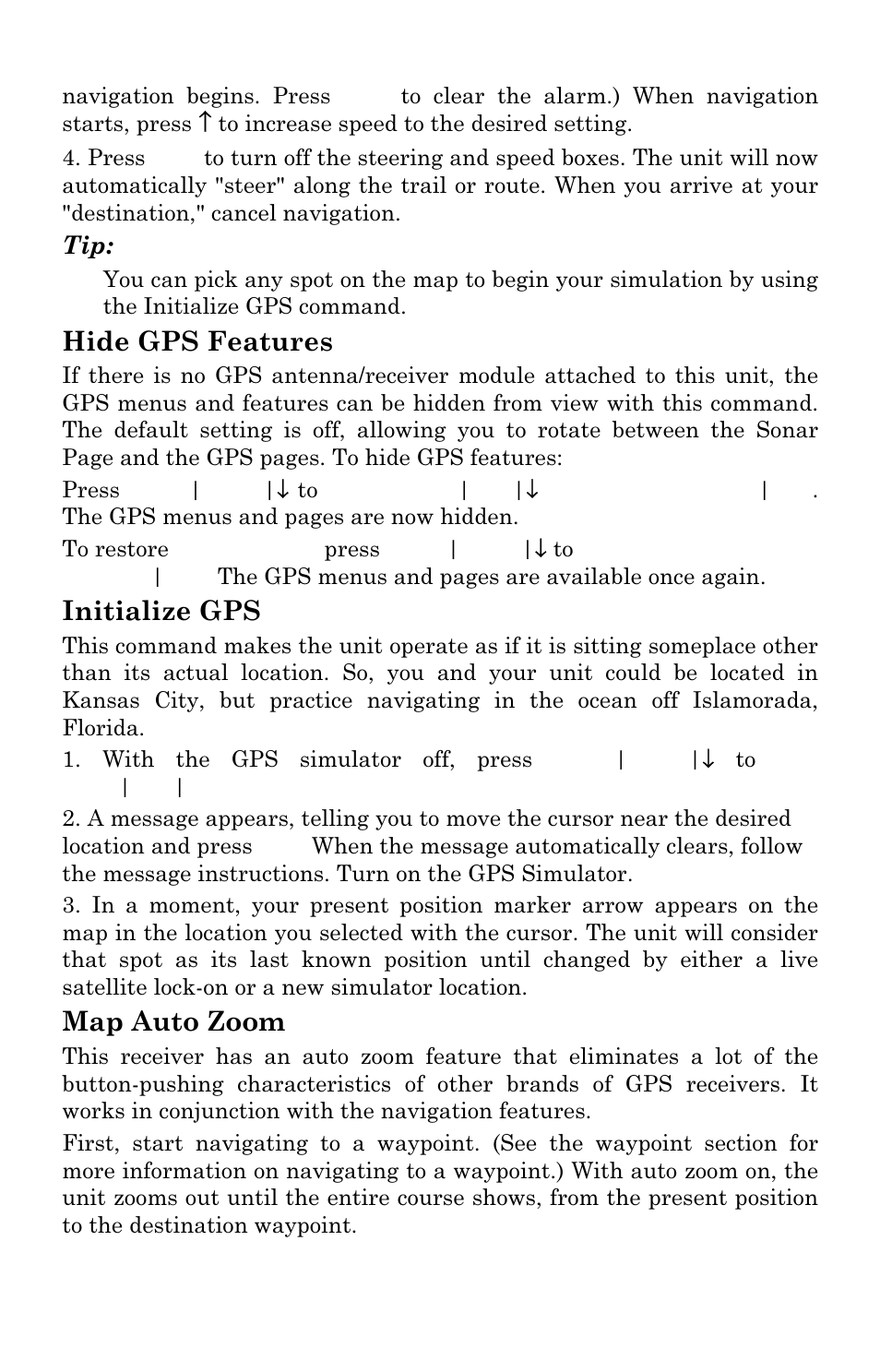 Hide gps features, Initialize gps, Map auto zoom | Eagle Electronics SeaChamp 2000 User Manual | Page 145 / 200