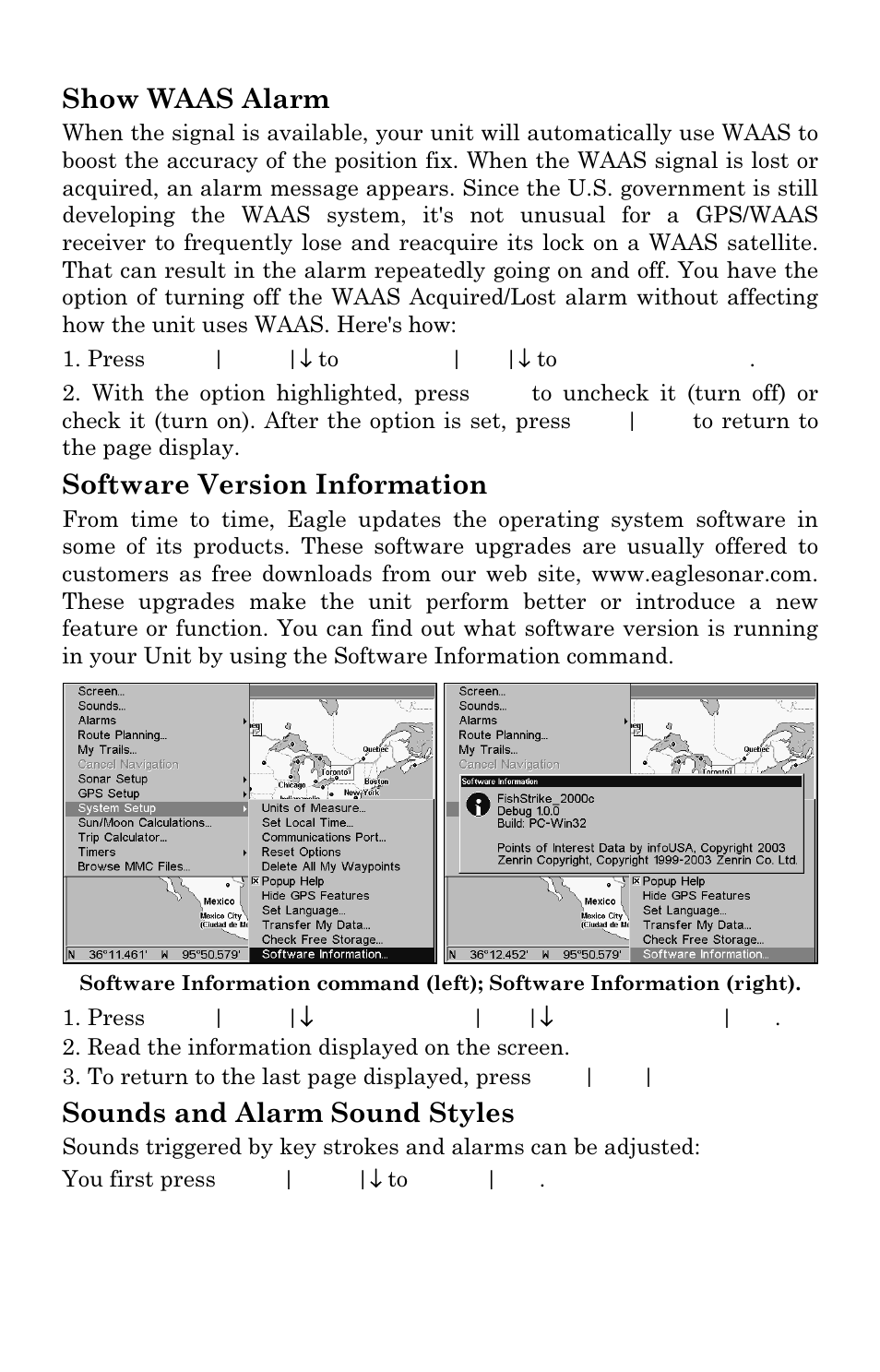 Show waas alarm, Software version information, Sounds and alarm sound styles | Eagle Electronics SeaChamp 2000 User Manual | Page 166 / 200