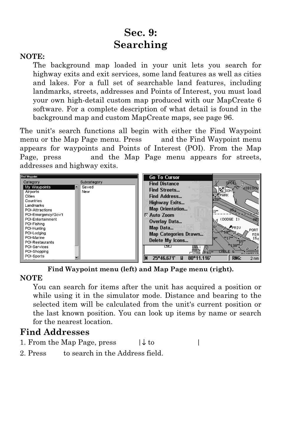 Sec. 9: searching, Find addresses | Eagle Electronics SeaChamp 2000 User Manual | Page 173 / 200