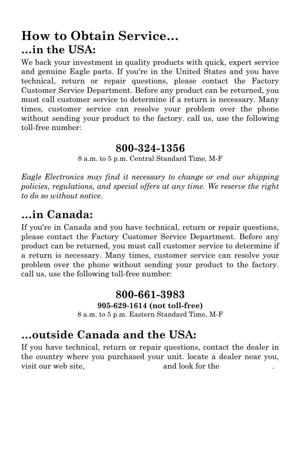 How to obtain service, Outside canada and the usa | Eagle Electronics SeaChamp 2000 User Manual | Page 196 / 200