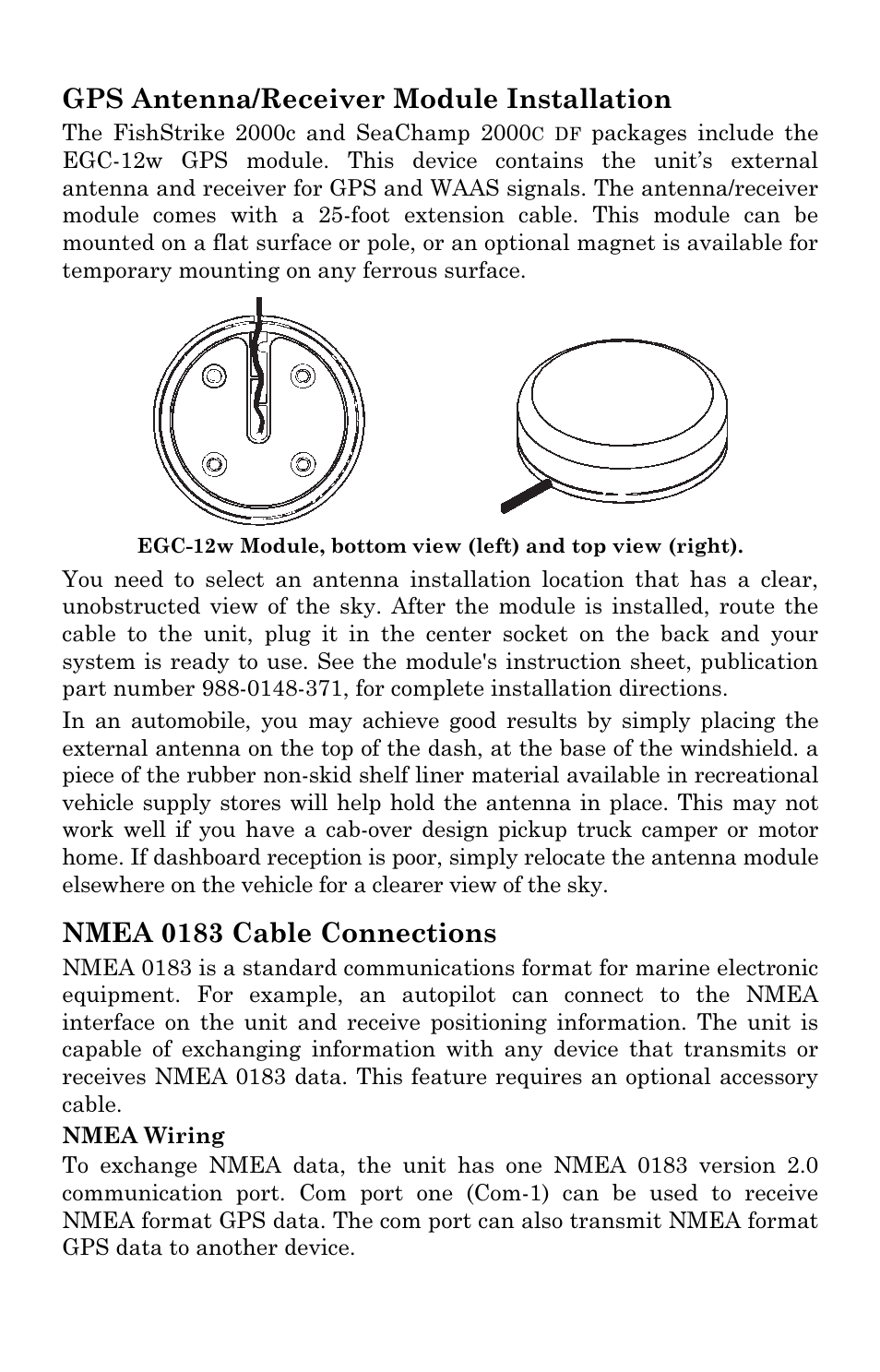 Gps antenna/receiver module installation, Nmea 0183 cable connections | Eagle Electronics SeaChamp 2000 User Manual | Page 38 / 200