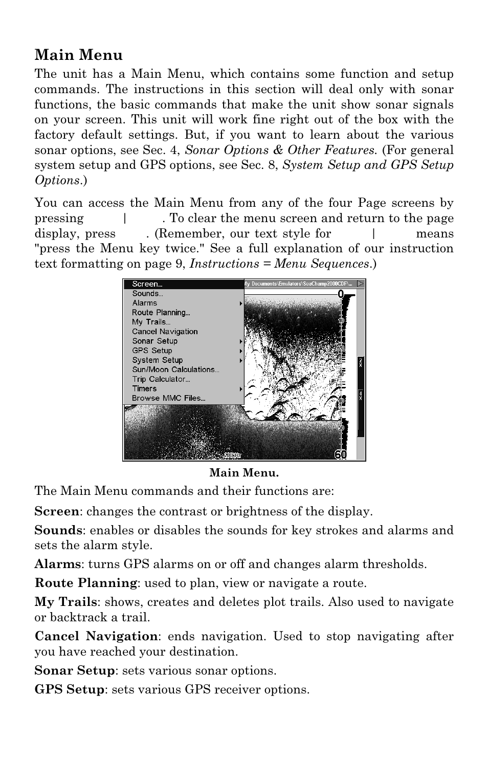 Main menu | Eagle Electronics SeaChamp 2000 User Manual | Page 49 / 200