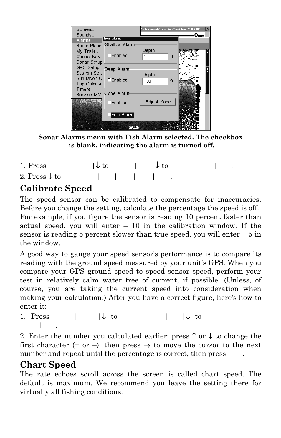 Calibrate speed, Chart speed | Eagle Electronics SeaChamp 2000 User Manual | Page 64 / 200