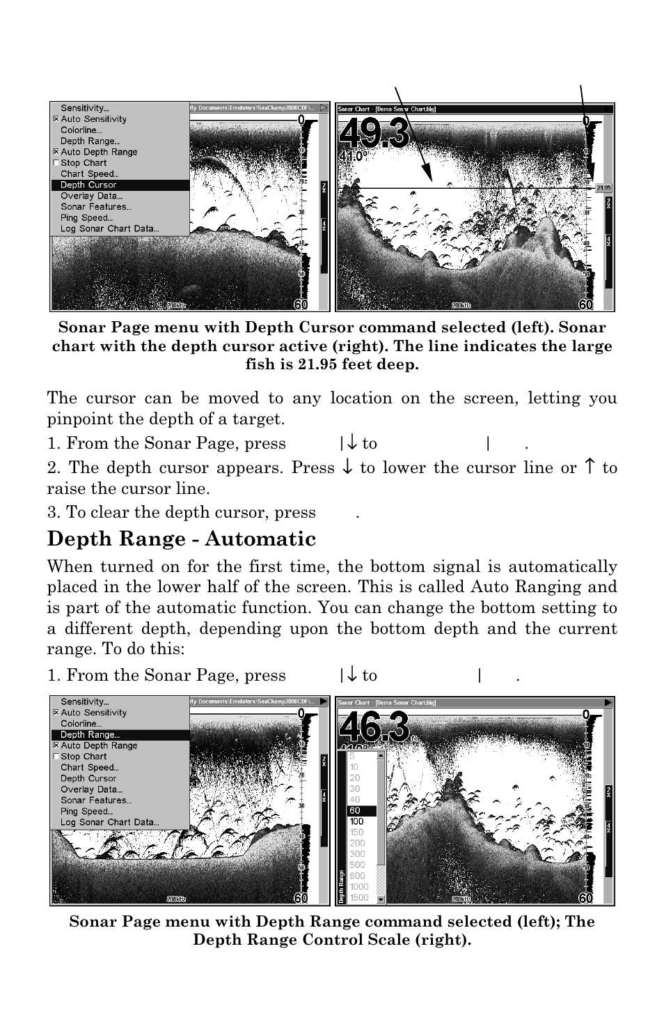 Depth range - automatic | Eagle Electronics SeaChamp 2000 User Manual | Page 68 / 200