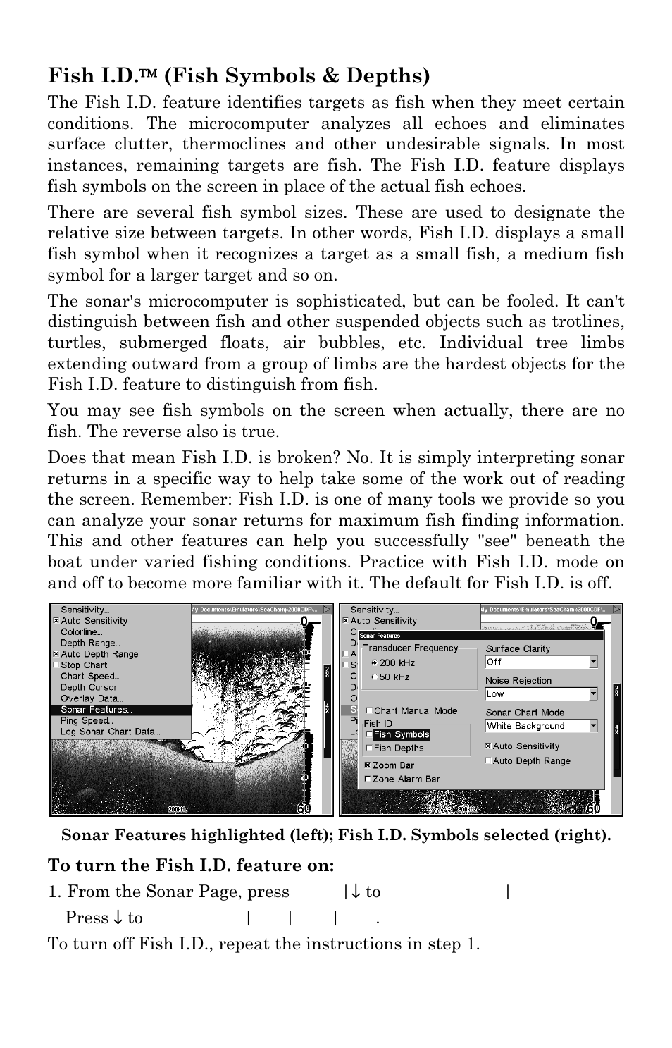 Fish i.d.  (fish symbols & depths) | Eagle Electronics SeaChamp 2000 User Manual | Page 70 / 200