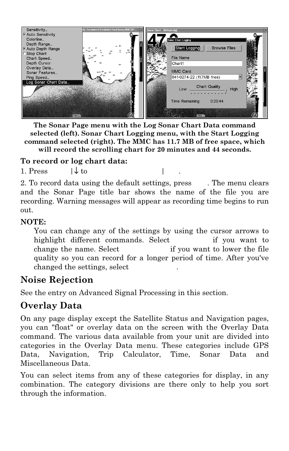 Noise rejection, Overlay data | Eagle Electronics SeaChamp 2000 User Manual | Page 74 / 200