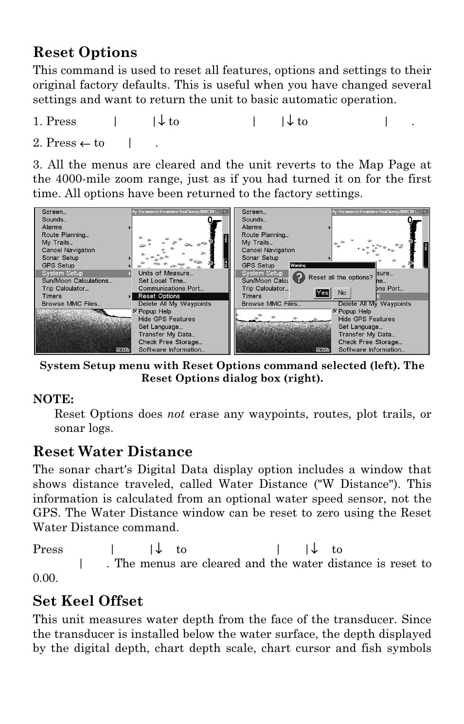 Reset options, Reset water distance, Set keel offset | Eagle Electronics SeaChamp 2000 User Manual | Page 80 / 200