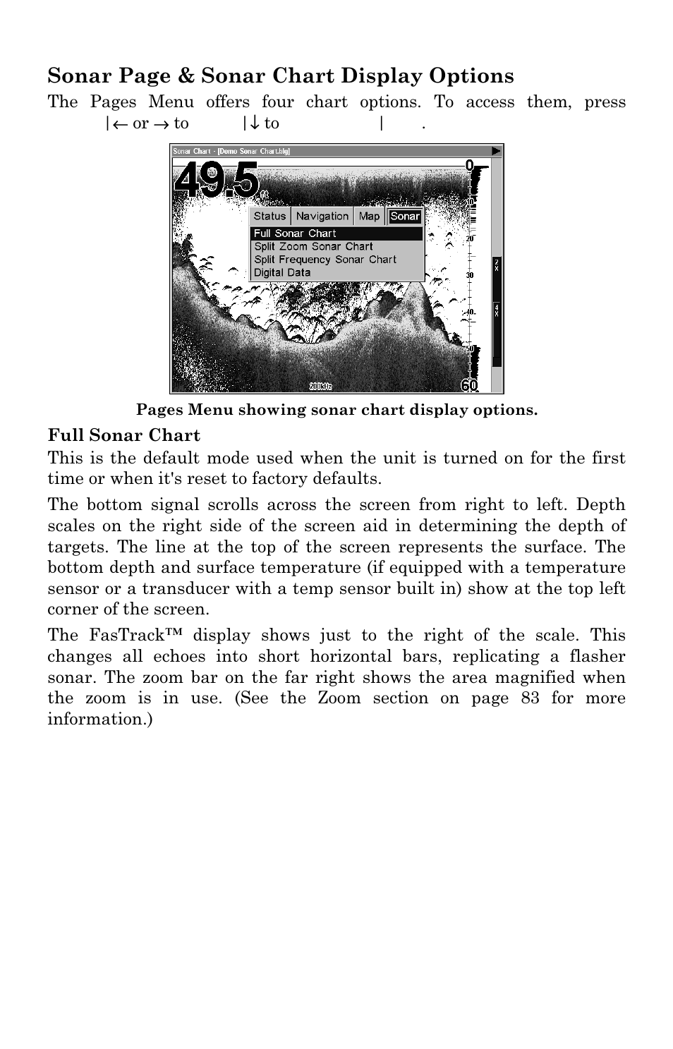 Sonar page & sonar chart display options | Eagle Electronics SeaChamp 2000 User Manual | Page 84 / 200