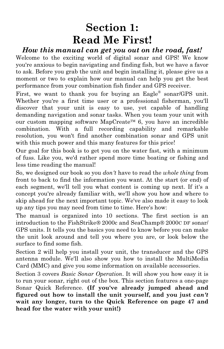 How this manual can get you out on the road, fast | Eagle Electronics SeaChamp 2000 User Manual | Page 9 / 200