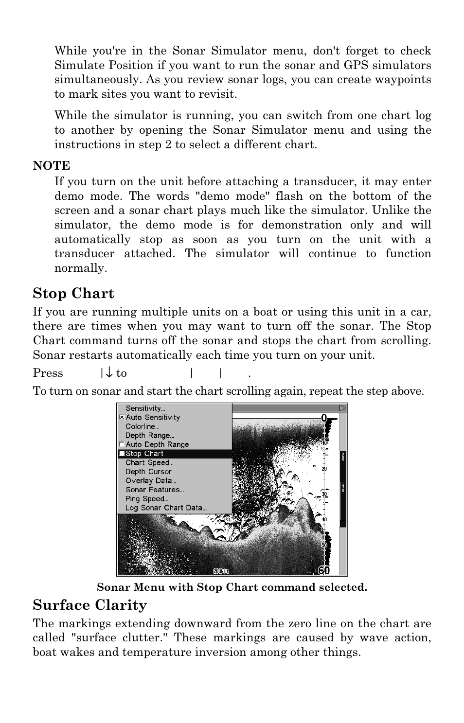 Stop chart, Surface clarity | Eagle Electronics SeaChamp 2000 User Manual | Page 90 / 200