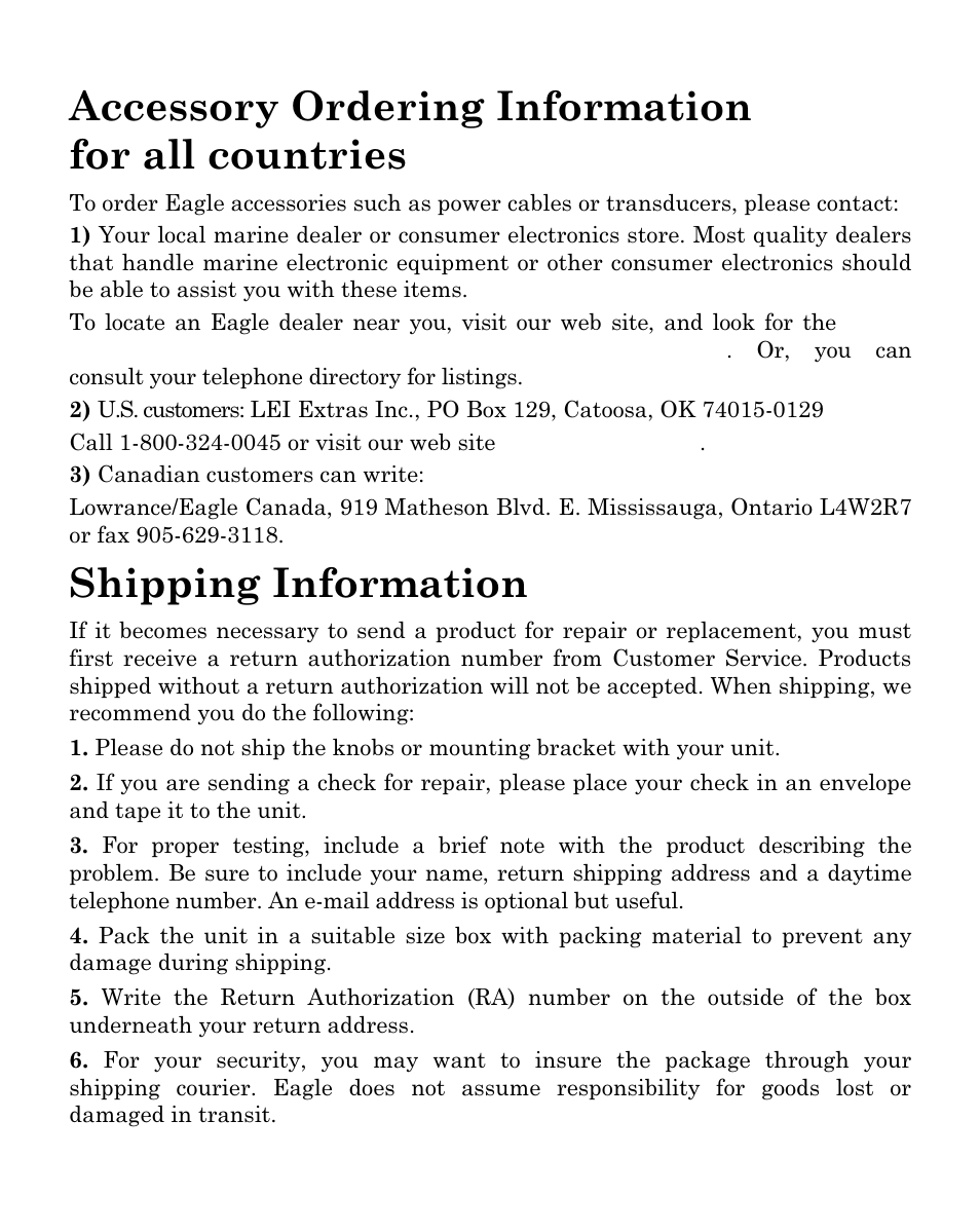 Accessory ordering information for all countries, Shipping information | Eagle Electronics FISH MARK 500CDF User Manual | Page 111 / 112