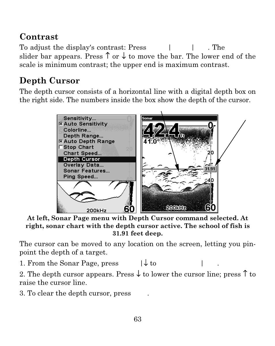 Contrast, Depth cursor | Eagle Electronics FISH MARK 500CDF User Manual | Page 69 / 112