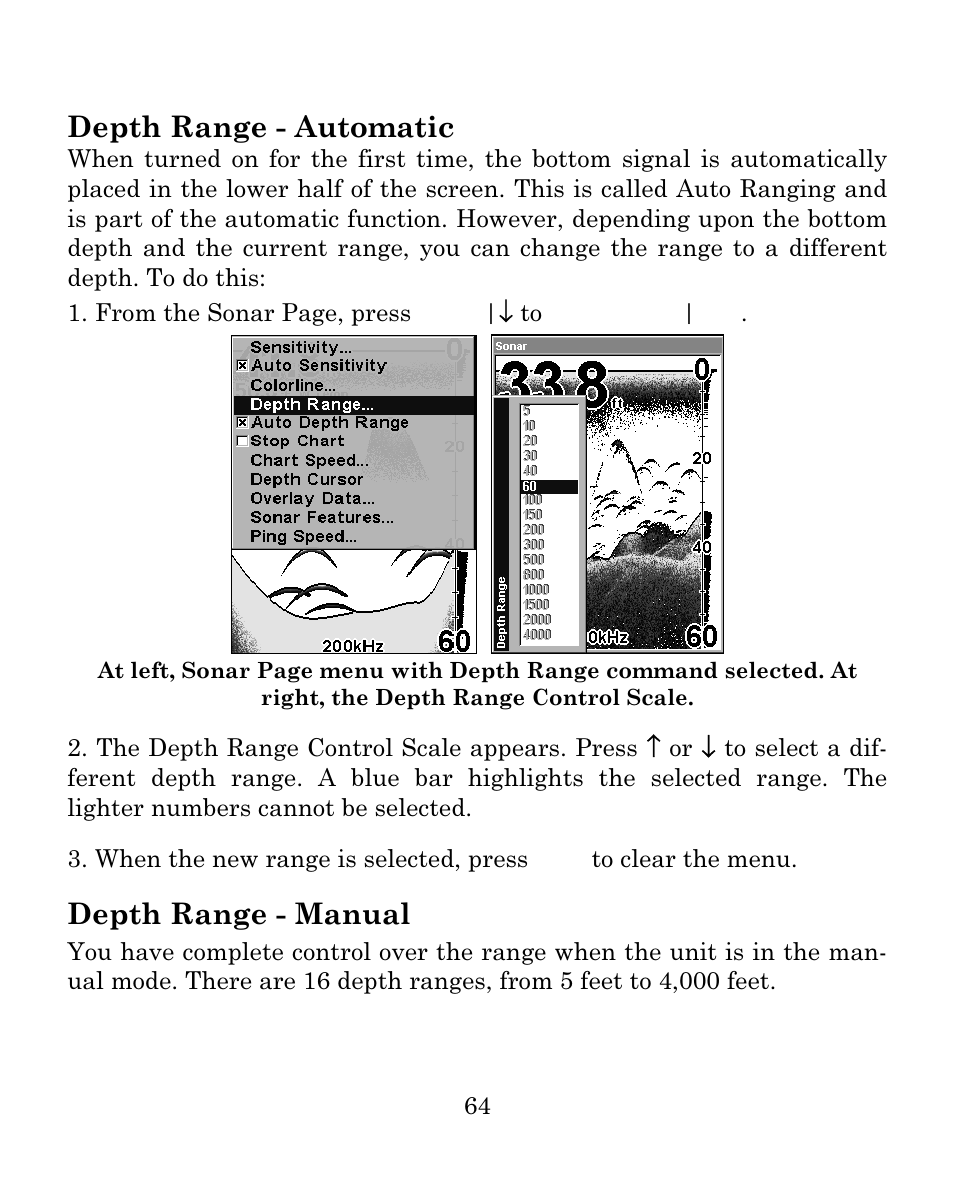 Depth range - automatic, Depth range - manual | Eagle Electronics FISH MARK 500CDF User Manual | Page 70 / 112