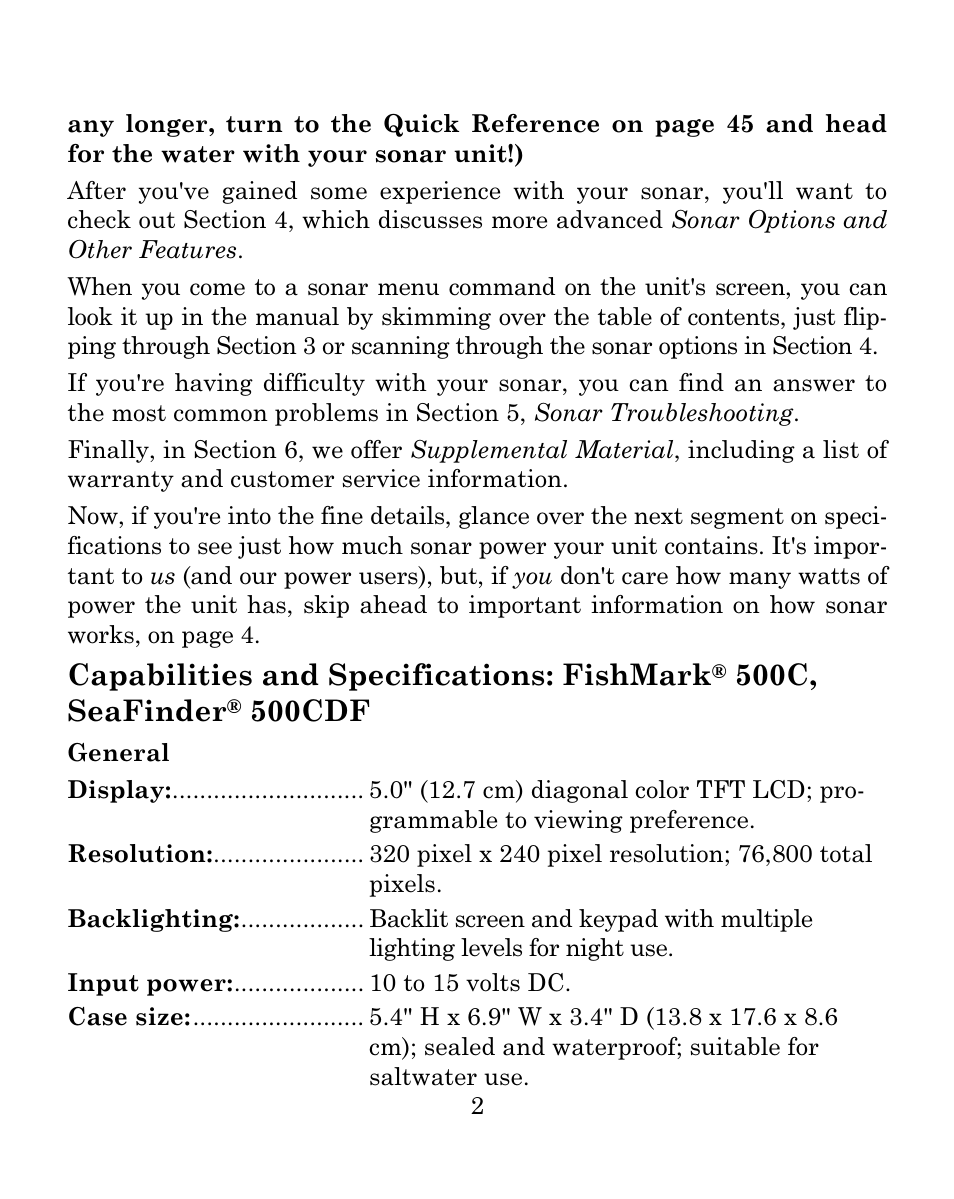 Capabilities and specifications: fishmark, 500c, seafinder, 500cdf | Eagle Electronics FISH MARK 500CDF User Manual | Page 8 / 112