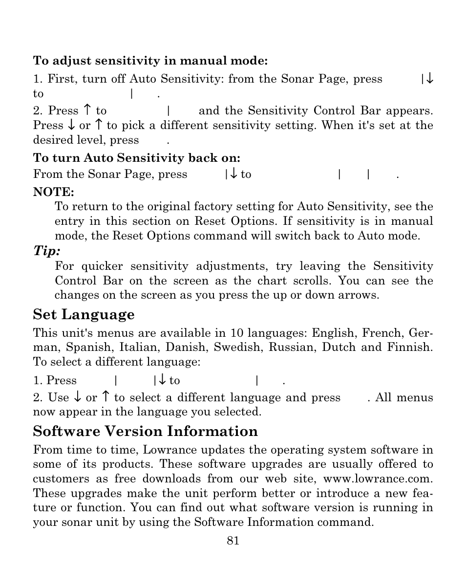 Set language, Software version information | Eagle Electronics FISH MARK 500CDF User Manual | Page 87 / 112