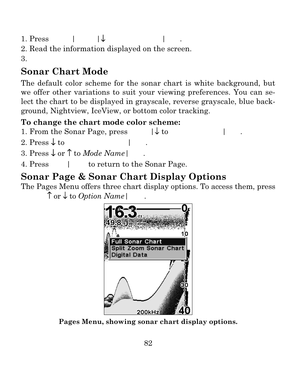 Sonar chart mode, Sonar page & sonar chart display options | Eagle Electronics FISH MARK 500CDF User Manual | Page 88 / 112