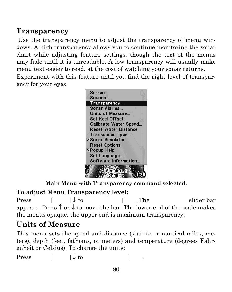 Transparency, Units of measure | Eagle Electronics FISH MARK 500CDF User Manual | Page 96 / 112