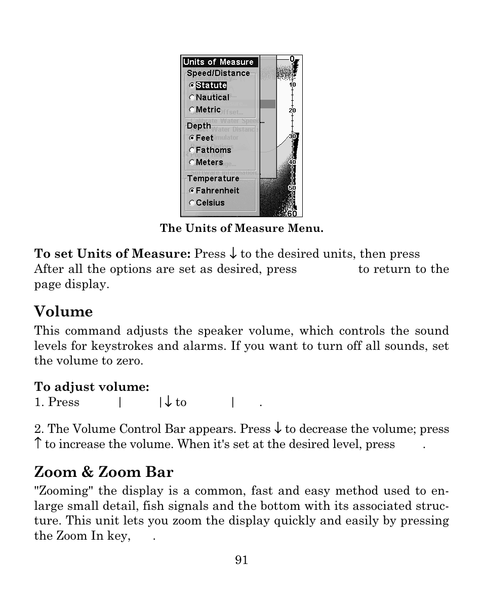 Volume, Zoom & zoom bar | Eagle Electronics FISH MARK 500CDF User Manual | Page 97 / 112