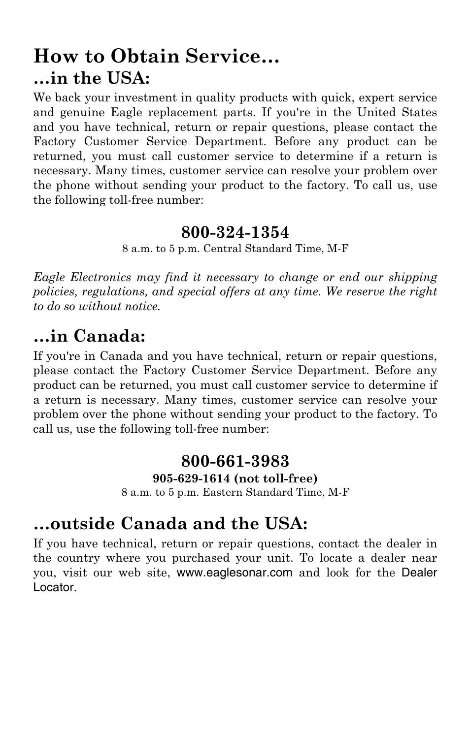 How to obtain service, Outside canada and the usa | Eagle Electronics IntelliMap 320 User Manual | Page 126 / 128