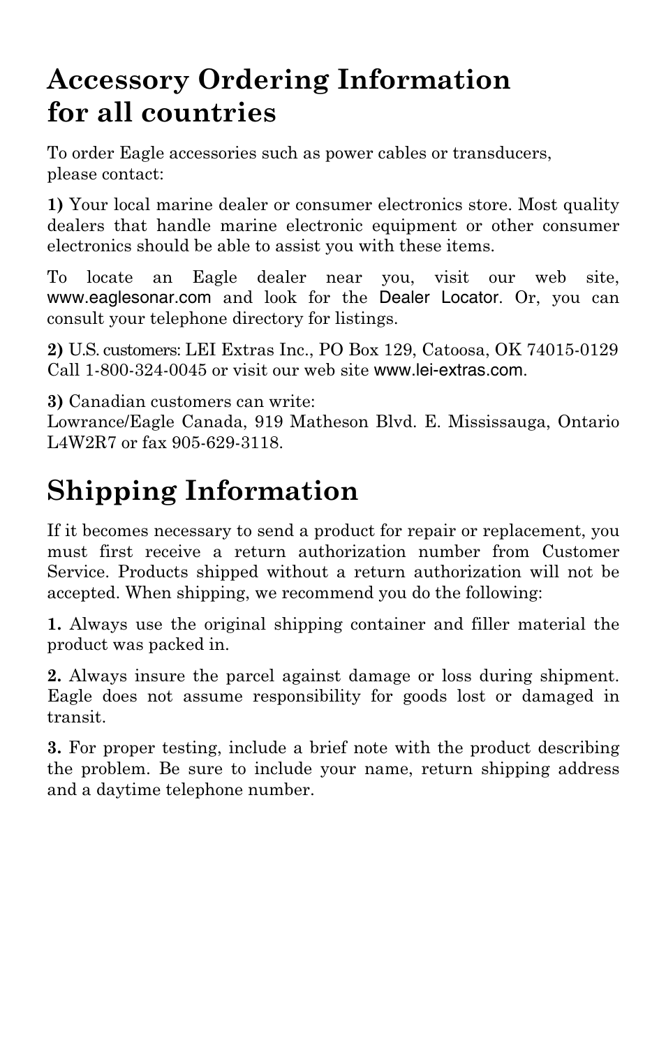 Accessory ordering information for all countries, Shipping information | Eagle Electronics IntelliMap 320 User Manual | Page 127 / 128