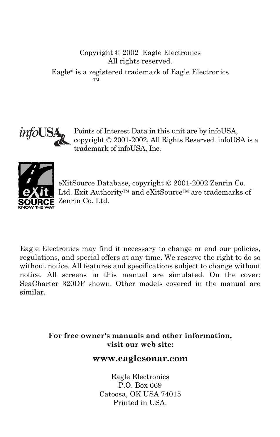 Eagle Electronics IntelliMap 320 User Manual | Page 2 / 128