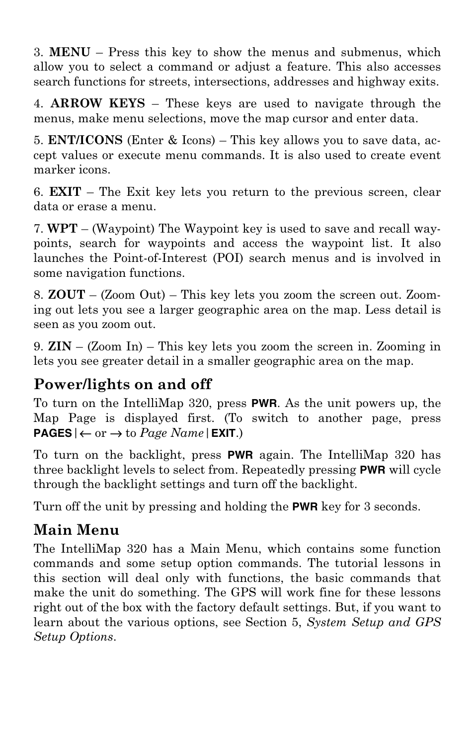 Power/lights on and off, Main menu | Eagle Electronics IntelliMap 320 User Manual | Page 28 / 128