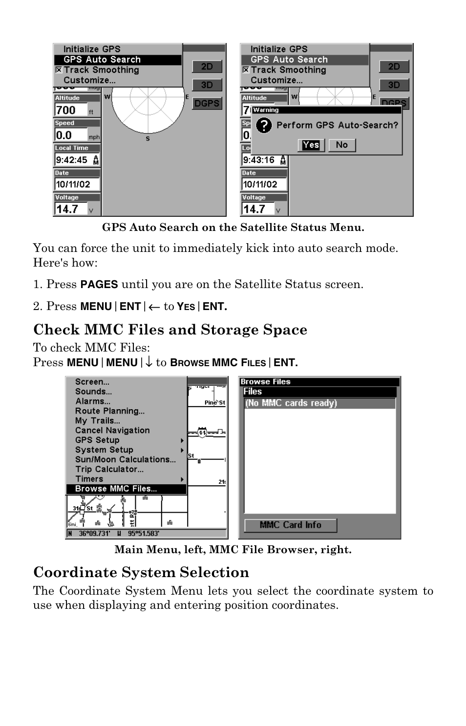 Check mmc files and storage space, Coordinate system selection | Eagle Electronics IntelliMap 320 User Manual | Page 75 / 128