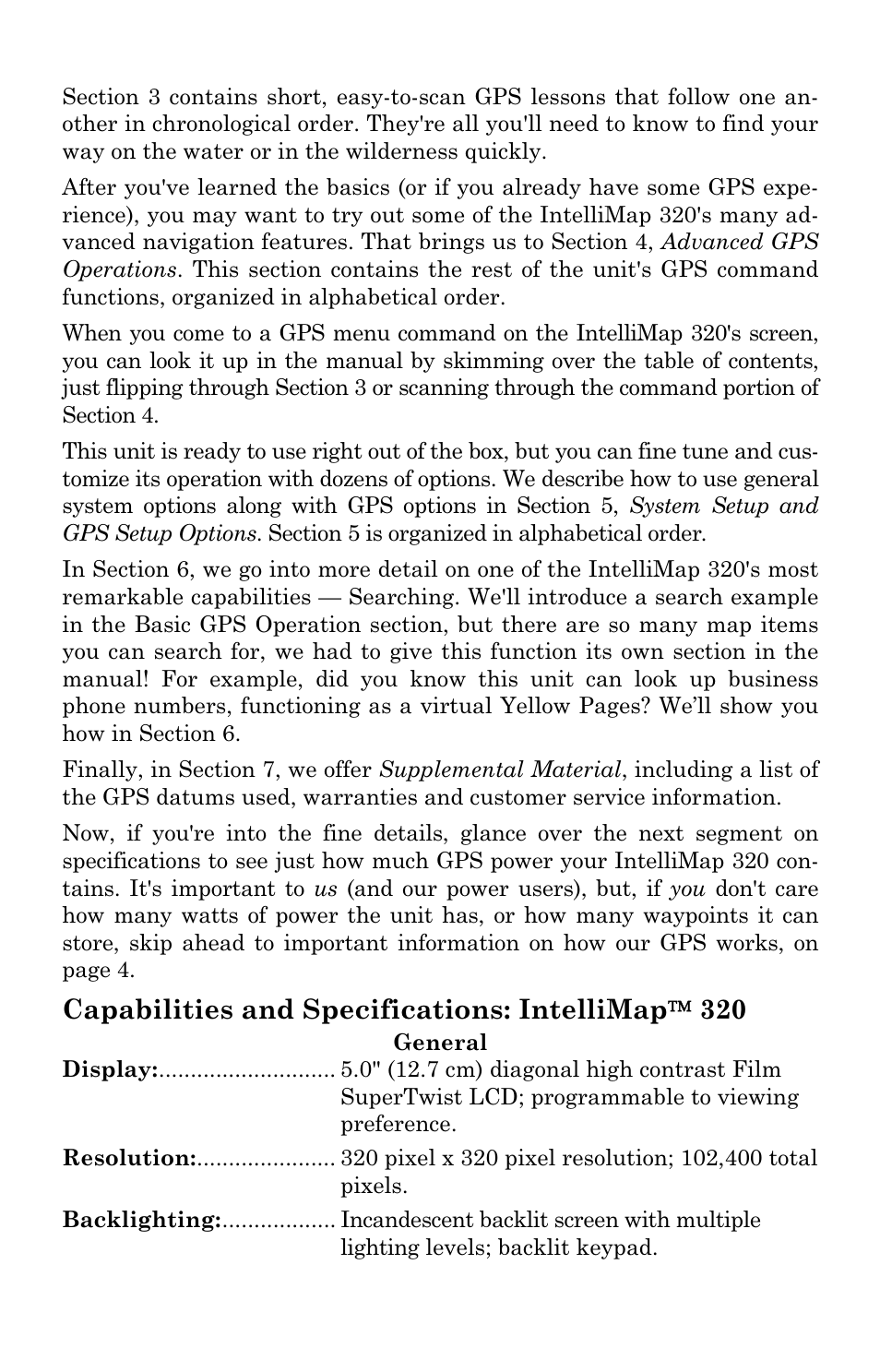 Capabilities and specifications: intellimap 320 | Eagle Electronics IntelliMap 320 User Manual | Page 8 / 128