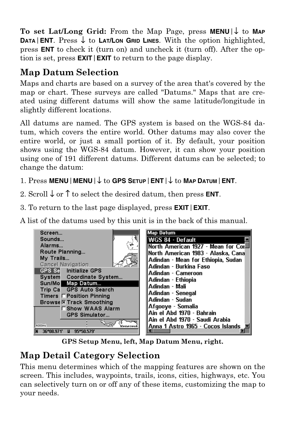 Map datum selection, Map detail category selection | Eagle Electronics IntelliMap 320 User Manual | Page 83 / 128