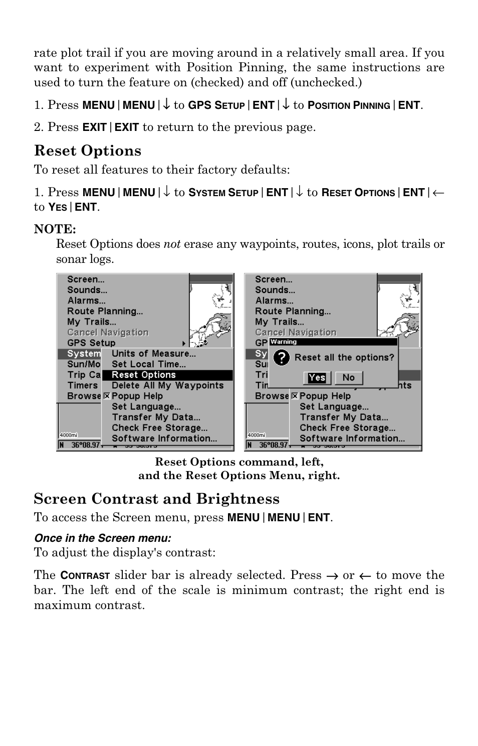 Reset options, Screen contrast and brightness | Eagle Electronics IntelliMap 320 User Manual | Page 92 / 128