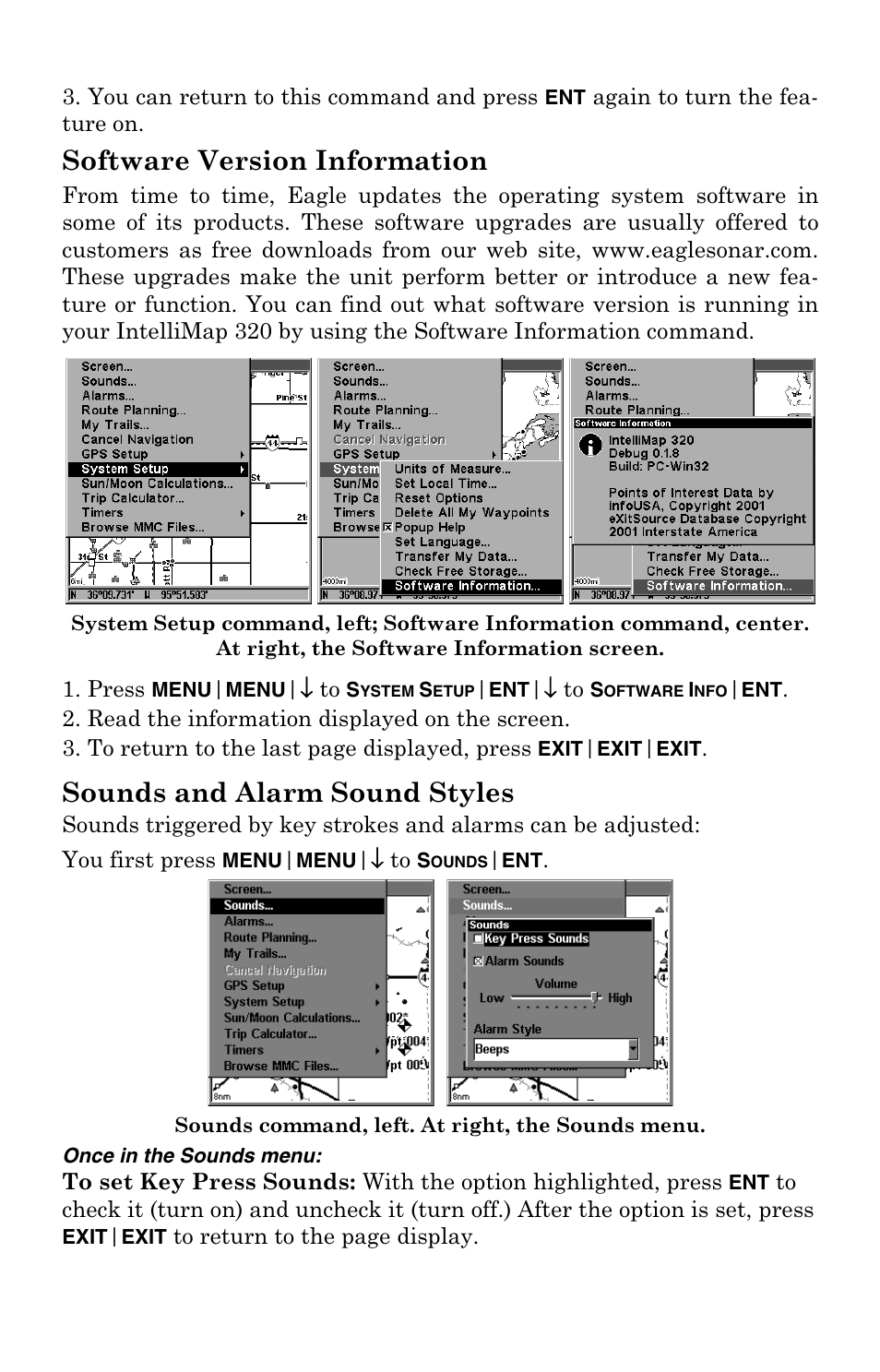 Software version information, Sounds and alarm sound styles | Eagle Electronics IntelliMap 320 User Manual | Page 95 / 128