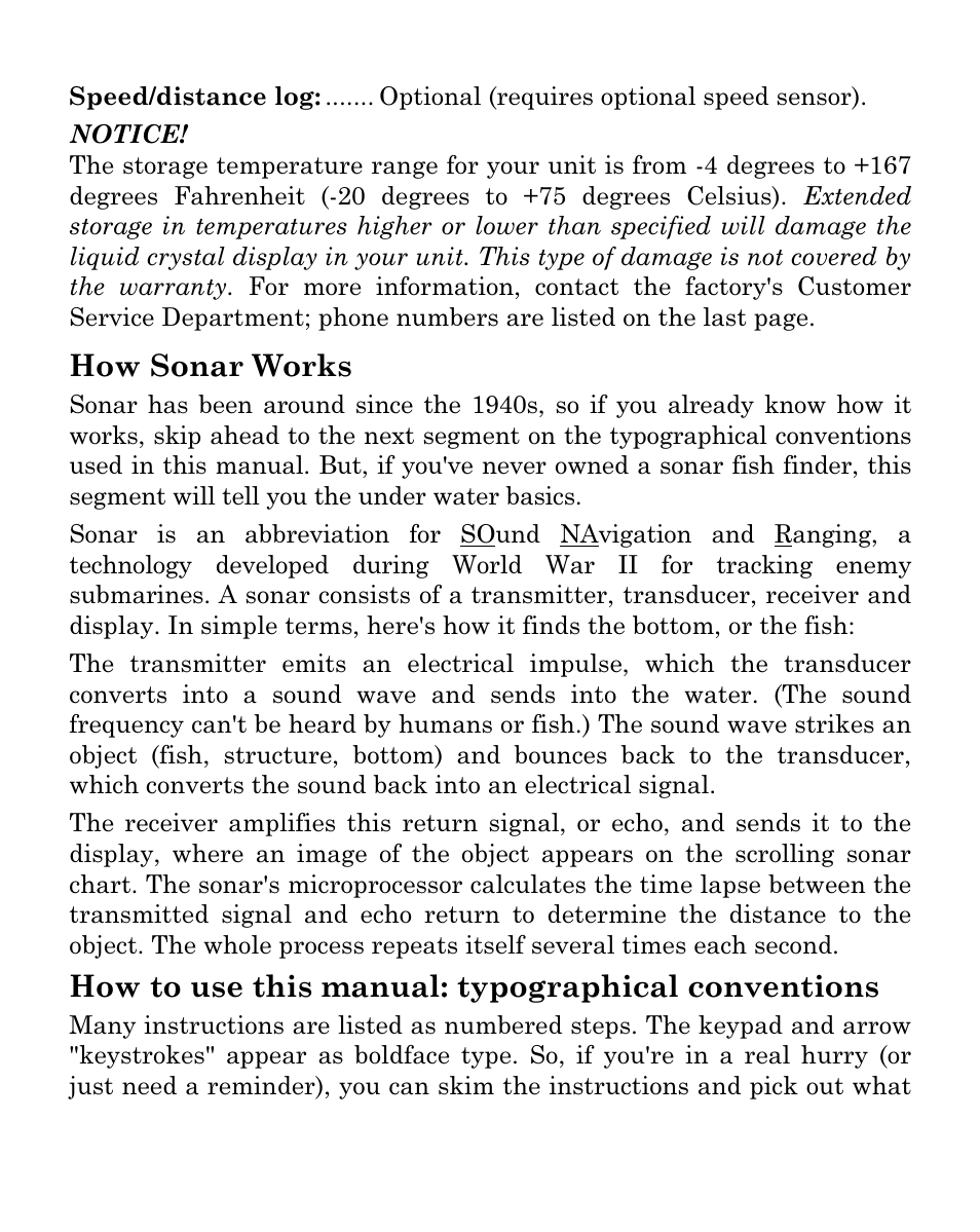 How sonar works, How to use this manual: typographical conventions | Eagle Electronics SeaFinder 480DF User Manual | Page 10 / 96