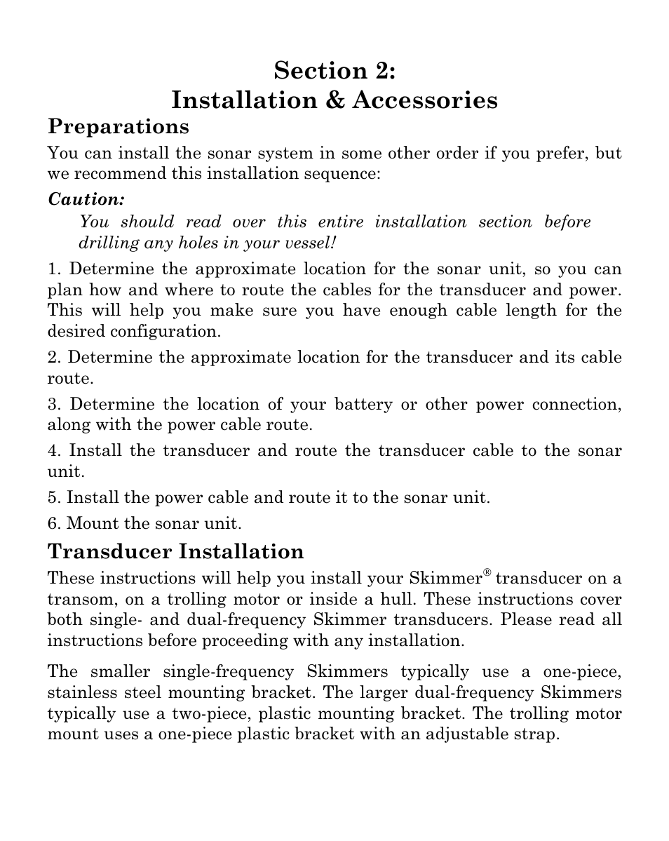 Preparations, Transducer installation | Eagle Electronics SeaFinder 480DF User Manual | Page 13 / 96