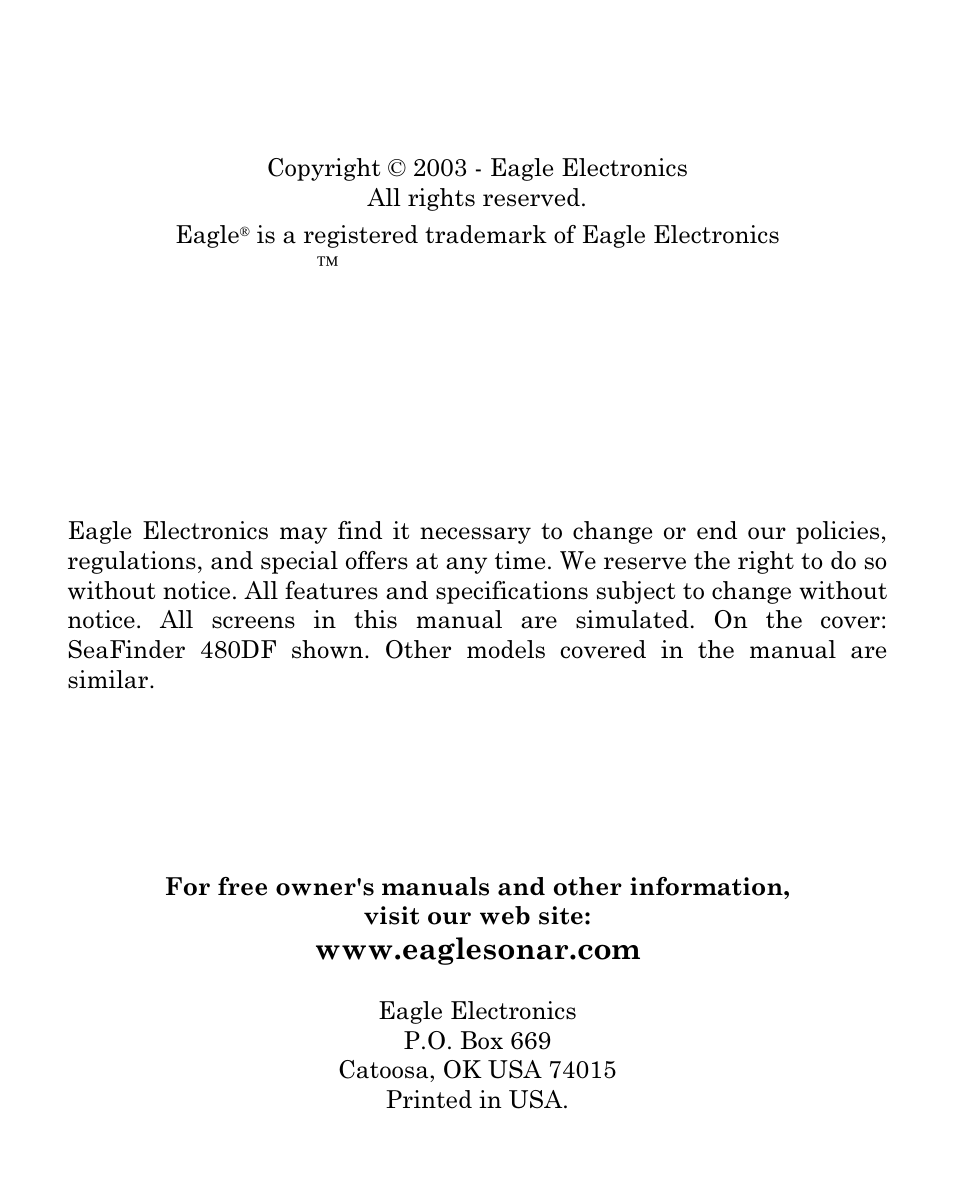 Eagle Electronics SeaFinder 480DF User Manual | Page 2 / 96