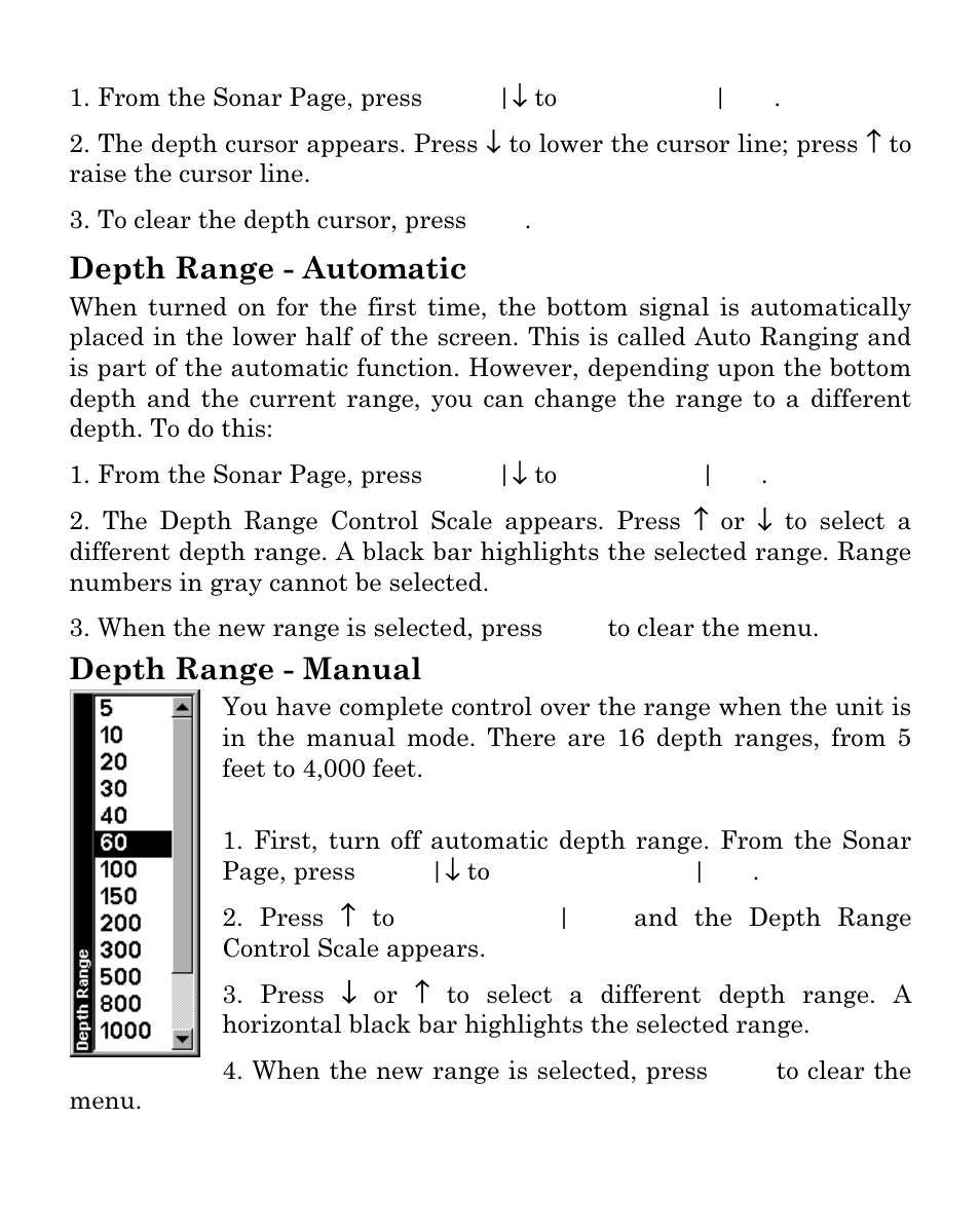 Depth range - automatic, Depth range - manual | Eagle Electronics SeaFinder 480DF User Manual | Page 57 / 96