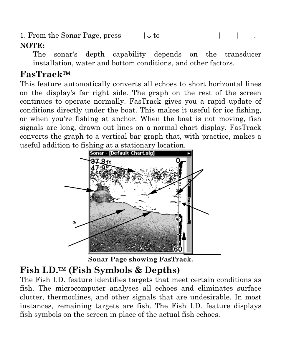 Fastrack, Fish i.d.  (fish symbols & depths) | Eagle Electronics SeaFinder 480DF User Manual | Page 58 / 96