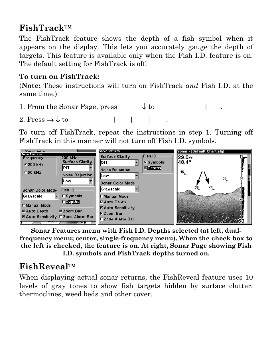 Fishtrack, Fishreveal | Eagle Electronics SeaFinder 480DF User Manual | Page 61 / 96