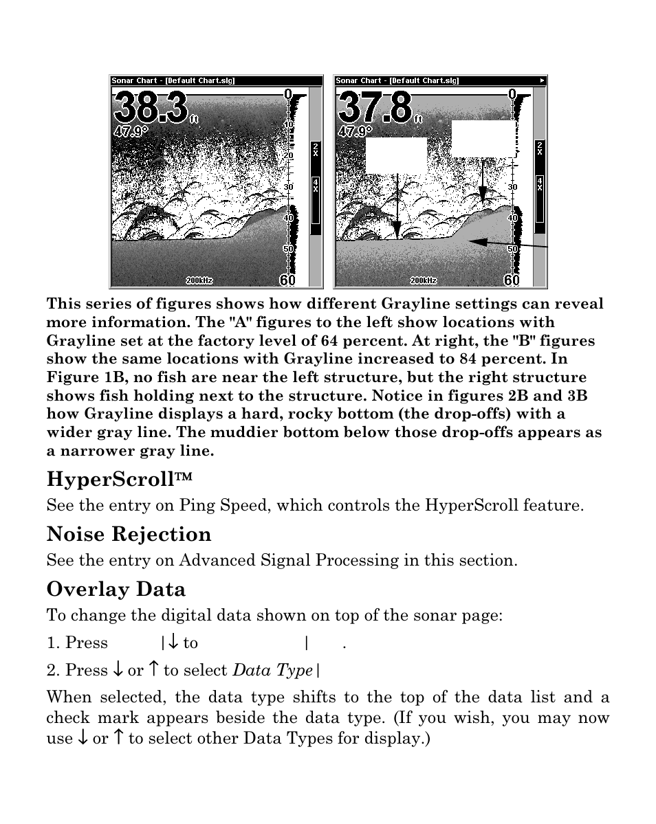 Hyperscroll, Noise rejection, Overlay data | Eagle Electronics SeaFinder 480DF User Manual | Page 66 / 96