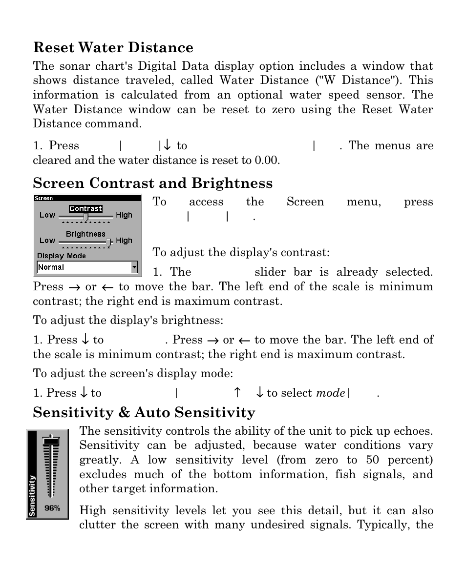 Reset water distance, Screen contrast and brightness, Sensitivity & auto sensitivity | Eagle Electronics SeaFinder 480DF User Manual | Page 71 / 96