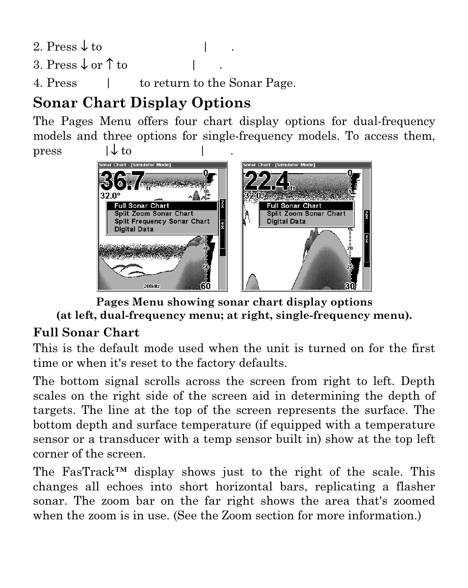 Sonar chart display options | Eagle Electronics SeaFinder 480DF User Manual | Page 76 / 96