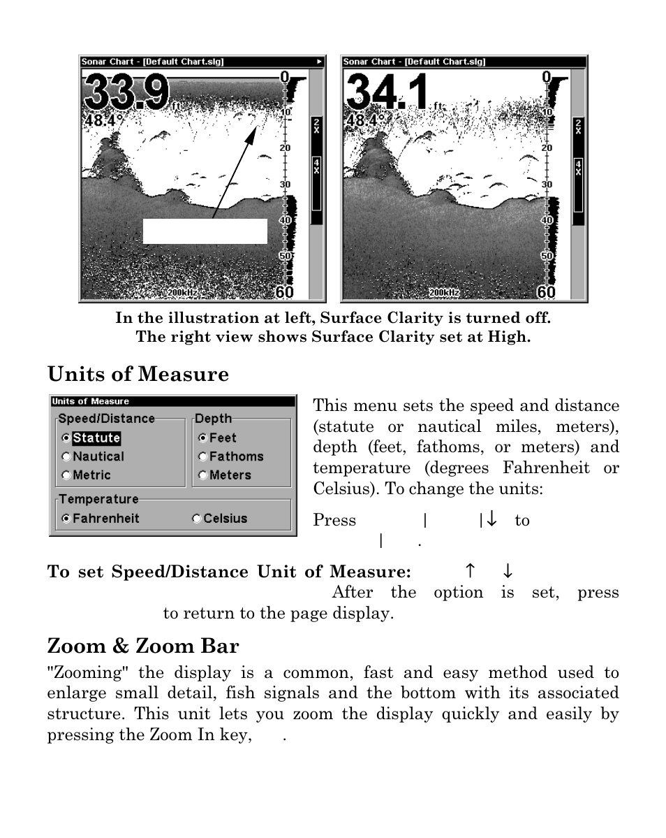 Units of measure, Zoom & zoom bar | Eagle Electronics SeaFinder 480DF User Manual | Page 82 / 96