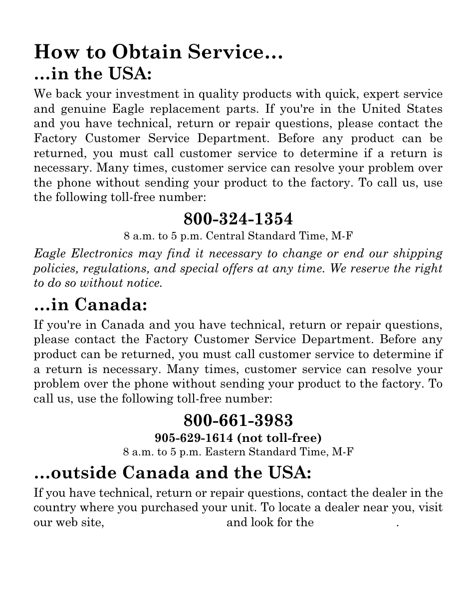 How to obtain service, Outside canada and the usa | Eagle Electronics SeaFinder 480DF User Manual | Page 94 / 96