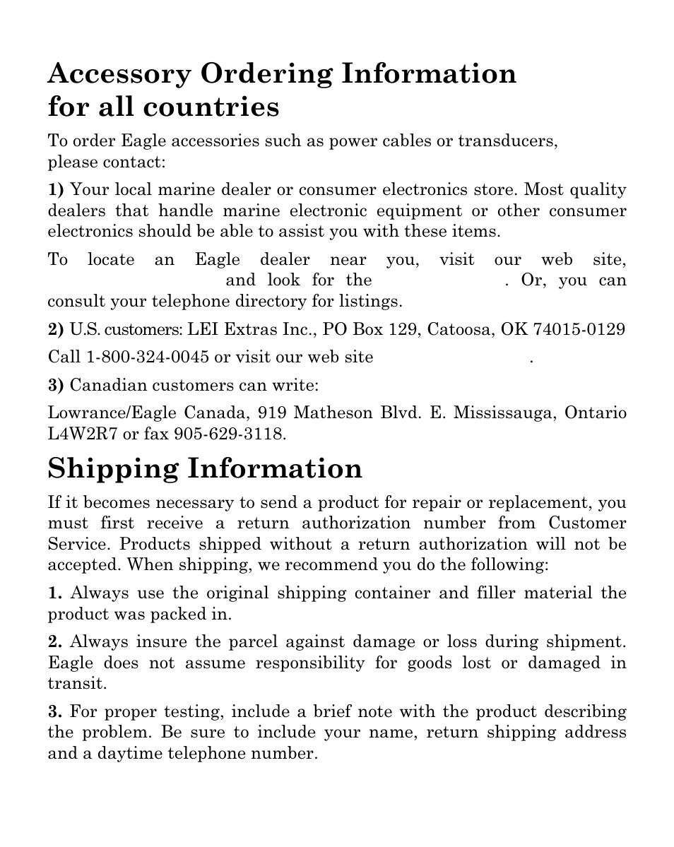 Accessory ordering information for all countries, Shipping information | Eagle Electronics SeaFinder 480DF User Manual | Page 95 / 96