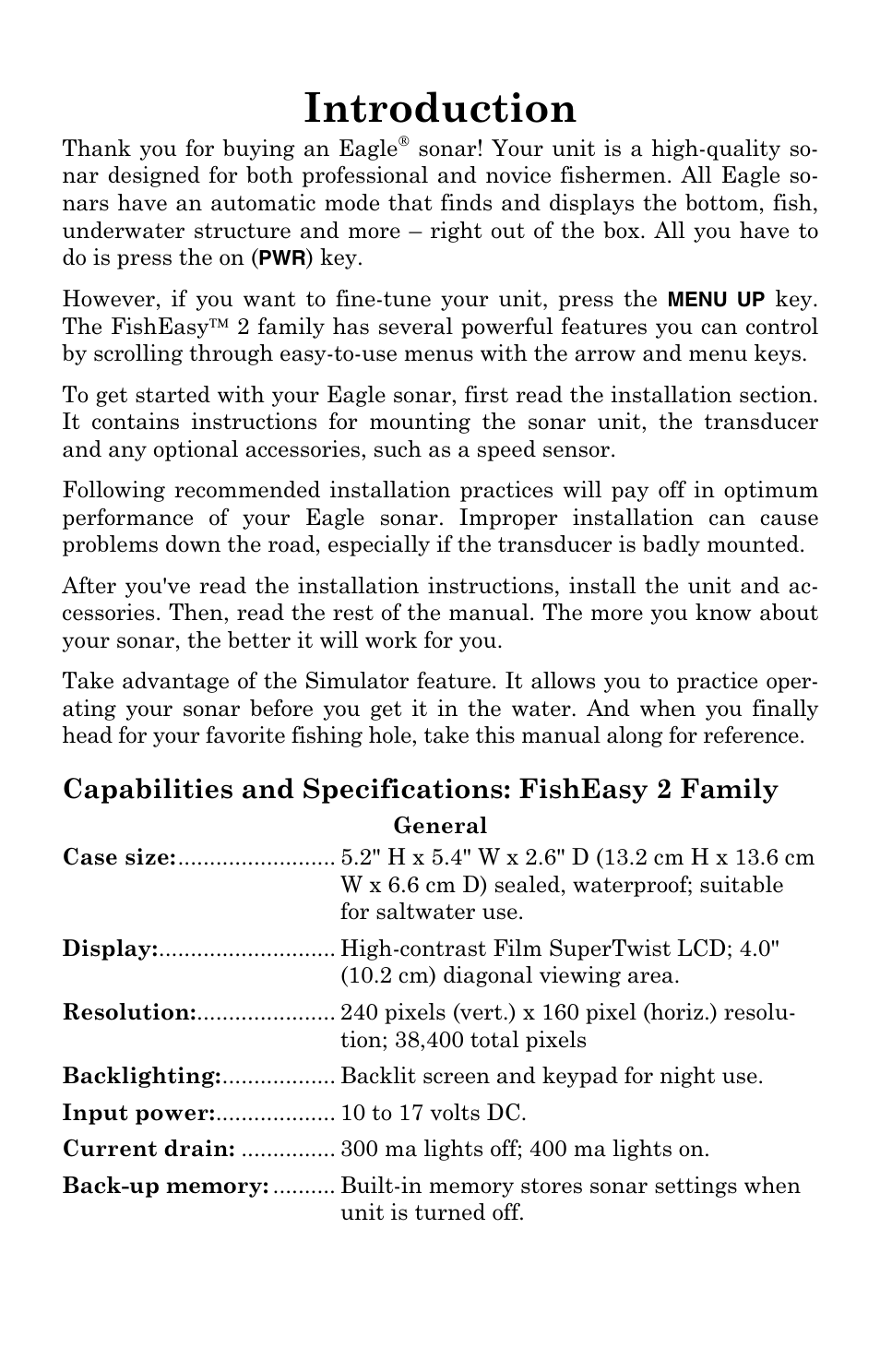 Introduction, Capabilities and specifications: fisheasy 2 family | Eagle Electronics FISHEASY 2T User Manual | Page 5 / 68