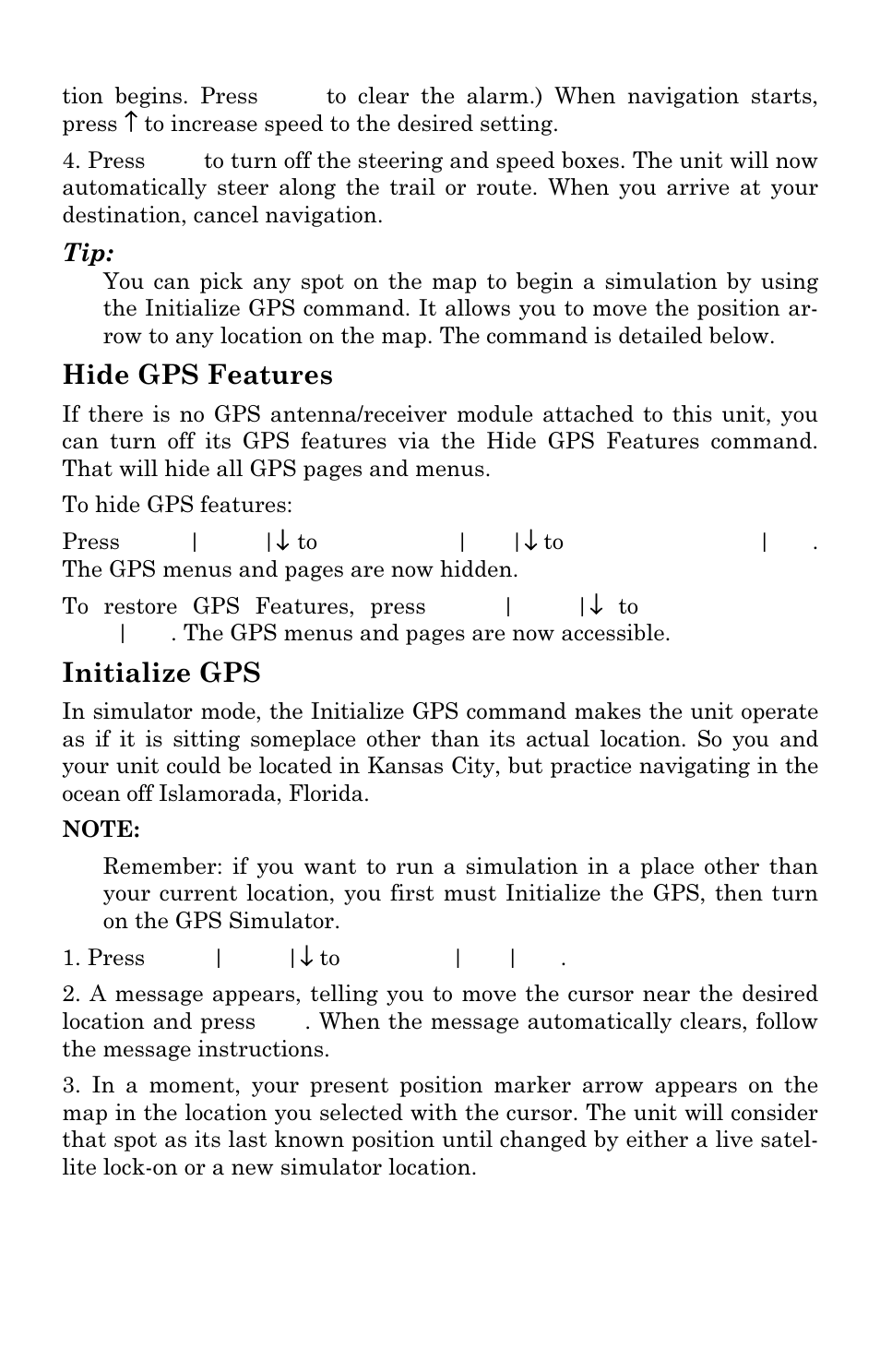 Hide gps features, Initialize gps | Eagle Electronics FishElite User Manual | Page 148 / 196