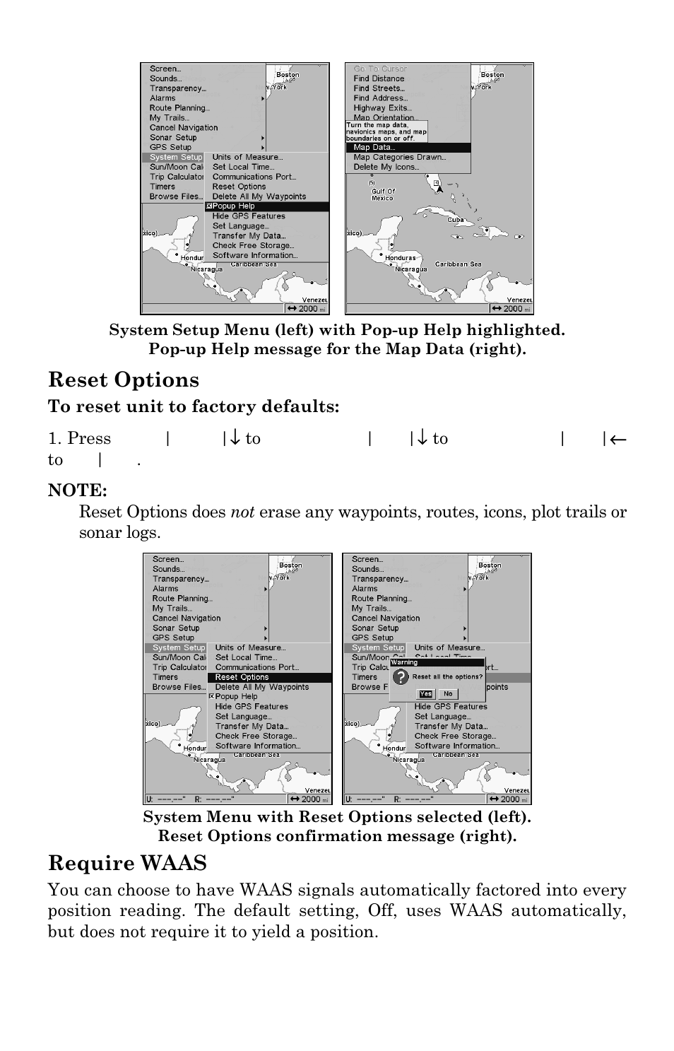 Reset options, Require waas | Eagle Electronics FishElite User Manual | Page 160 / 196