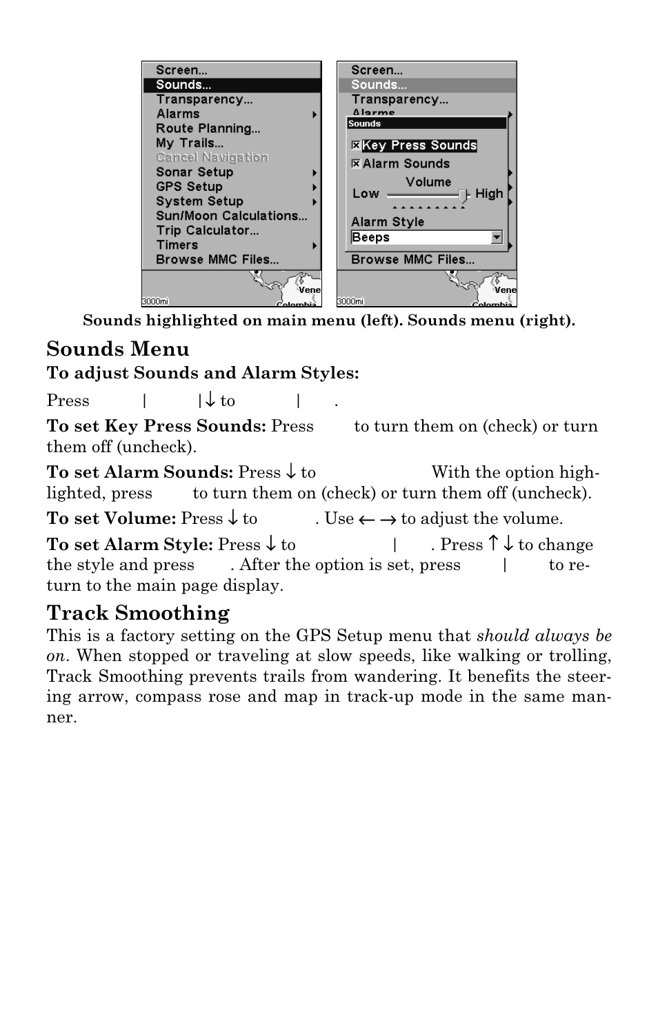 Sounds menu, Track smoothing | Eagle Electronics FishElite User Manual | Page 164 / 196