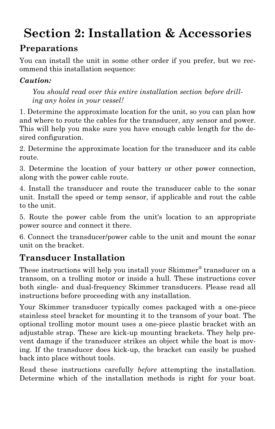 Preparations, Transducer installation | Eagle Electronics FishElite User Manual | Page 21 / 196