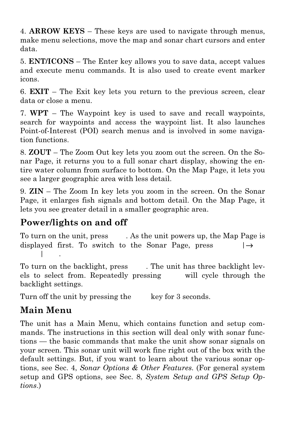 Power/lights on and off, Main menu | Eagle Electronics FishElite User Manual | Page 50 / 196