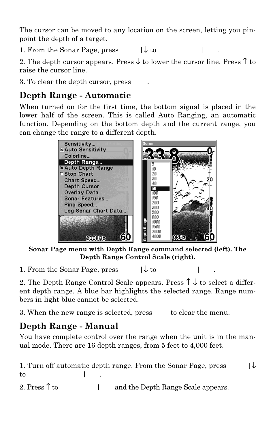 Depth range - automatic, Depth range - manual | Eagle Electronics FishElite User Manual | Page 69 / 196